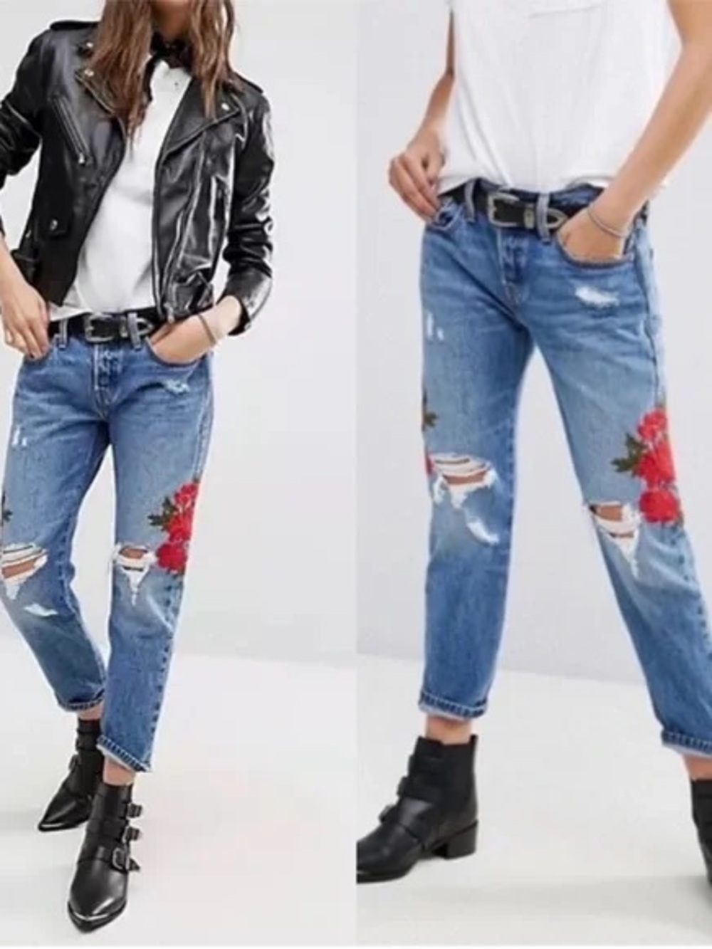 W27xL26 Levi's 501 Women's Distressed Tapered Rose Embroidered Light Blue Jeans